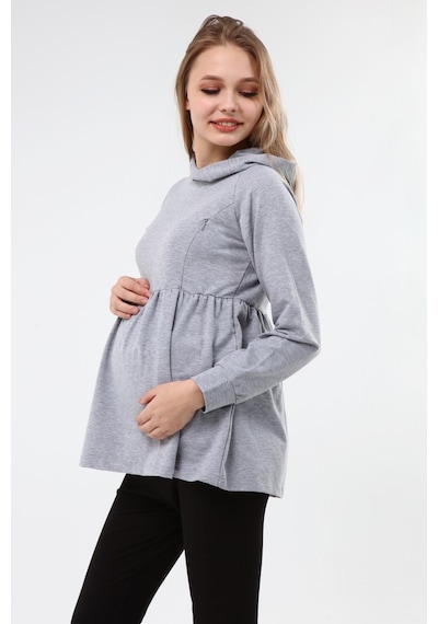 Luvmabelly Myra4530 Büzgülü Fermuarlı Emzirme Sweatshirt -Gri