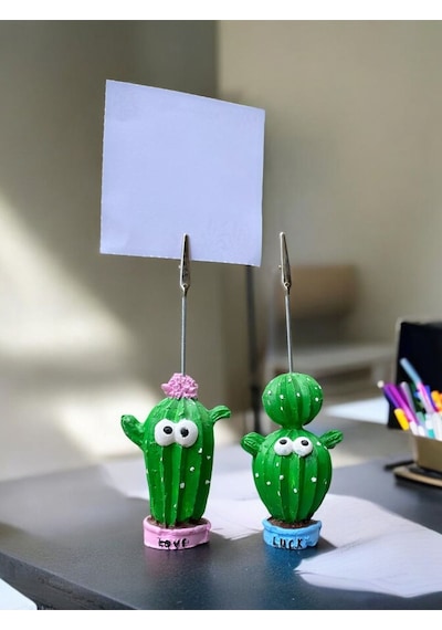 Love Ve Lucky Temalı 2'li Sevimli Kaktüs Fotoğraf Not Tutacağı Ofis Masası Not Tutucu Hediyelik Yeşil