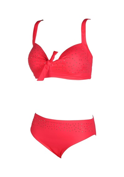 Endeep Kadın Fiyonk ve Taş Detaylı Büyük Beden Nar Çiçeği Bikini Takımı Çok Renkli