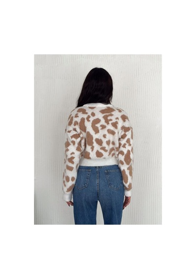 Wellway Leopar Desen Triko Crop Model Bisiklet Yaka Kazak Bej Bej