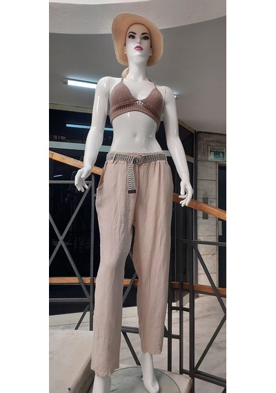 Eren Style İtalyan Kemerli Keten Pantolon-9260 Krem