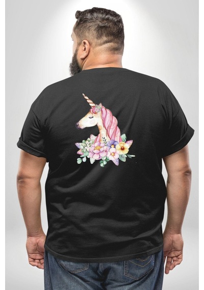 Angemiel Unicorn Çiçek Büyük Beden Siyah Tişört Kadın Erkek Ünisex Sırt Baskılı Siyah