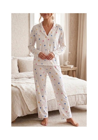 Fit Women Renkli Kalp Desenli Uzun Kollu Pijama Takımı 4603 -beyaz Kar Beyaz