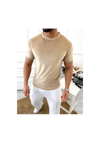 T-shirt Slim Fit Tişört Dar Kesim Kadife Tişört krem