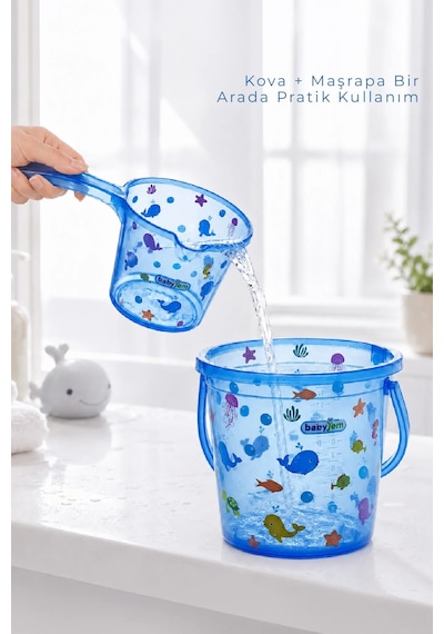 Babyjem Şeffaf Kova & Maşrapa Set Mavi Desenli