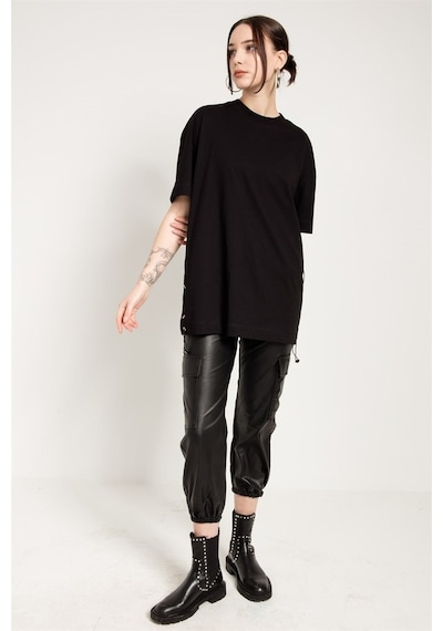 Jahr Marc Yanları Lastikli Oversize Siyah T-Shirt Elbise