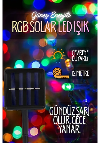 Solar 100 Ledli 12 Metre Bahçe Aydınlatma Dekorasyon Güneş Enerjili Led Işık Karışık Rgb