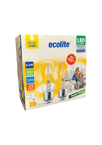 Ecolite 6,5w Led Filament Ampul E27 60w Eşdeğer 2700k Sarı Işık 810 Lümen 2 Li Paket Standart