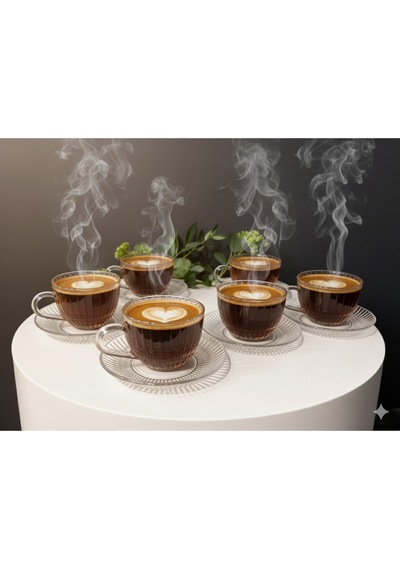 Çnr Home Collection 6'lı Cam Fincan Seti - Zarif Desenli Cam Bardak Takimi Şeffaf