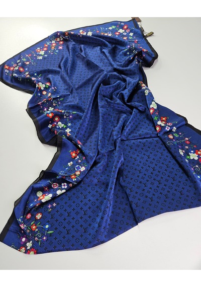 Miorel Scarfs Lv Desen Çiçekli İthal Vual İpek Şal Aksesuar Fular Silk Scarfs Shawl Hijab Lacivert