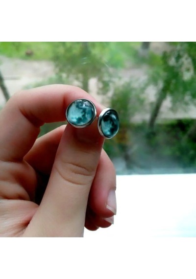 3d Cam Içinde Ay Saplama Küpe Mini Dolunay Dış Bükey Resimli Gri