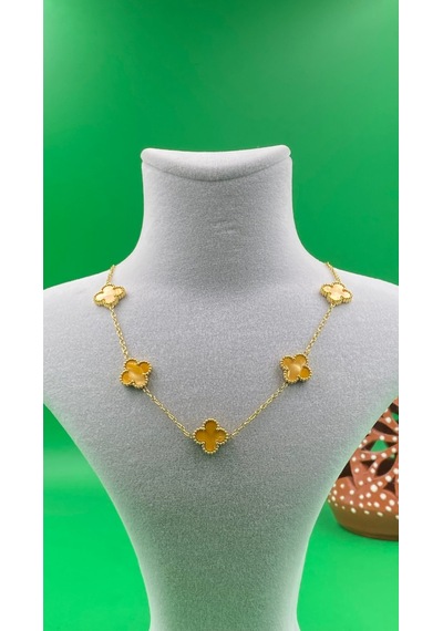 Gold Renk Yonca Desenli Taşlı Çelik Kolye Sarı