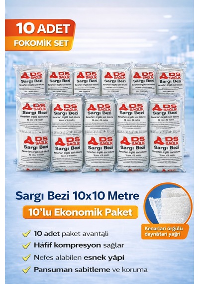 Sargı Bezi 10x10 Metre 10 Lu Paket Kenarları Örgülü Özel Dokuma Ds Sağlık Elastik Bandaj