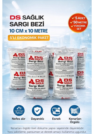 Sargı Bezi 10 Cm X 10 Metre Kenarları Örgülü Özel Dokuma 5'li Paket