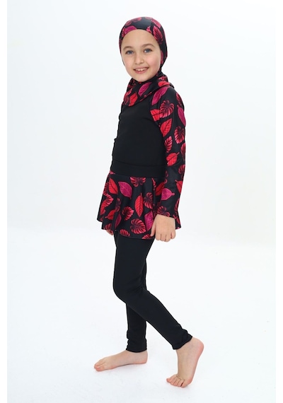 My Kids Wear Üç Parça Kız Çocuk Haşema, Tesettür, Etekli, Kapalı Mayo Mint Yeşili - Pembe