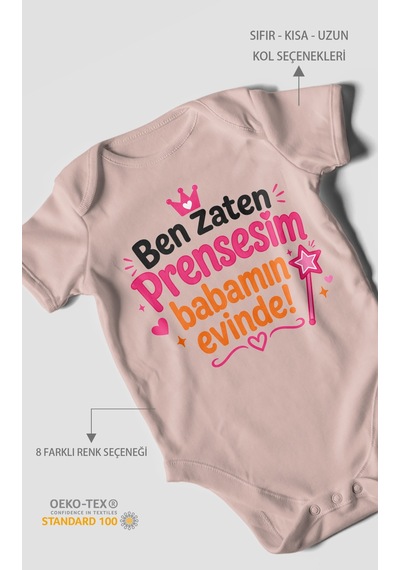 Morivokids Ben Zaten Prensesim Babamın Evinde Kısa Kollu Bebek Body %100 Pamuk Pastel Pembe