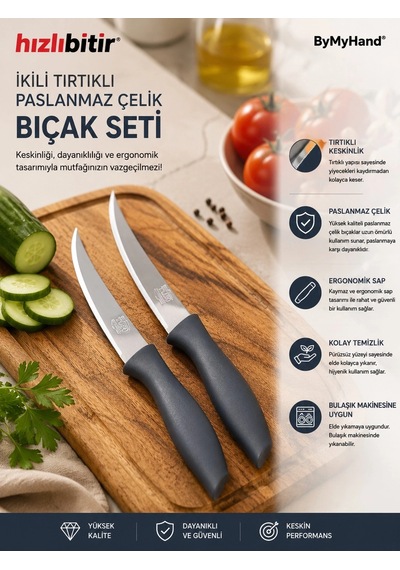 Bymyhand Paslanmaz Çelik Siyah Meyve Bıçağı Soyma Bıçağı Dilimleme Bıçağı 2'li Set