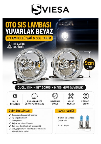 9 Cm Yuvarlak Beyaz Oto Sis Lambası H3 Ampullü Sağ Sol Takım 12v