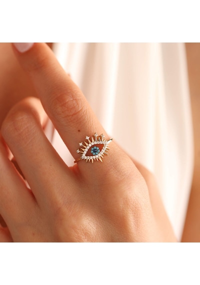 Sembolgold 14 Ayar Özel Tasarım Altın Evil Eye Yüzük Firuzeli T10990 Renkli