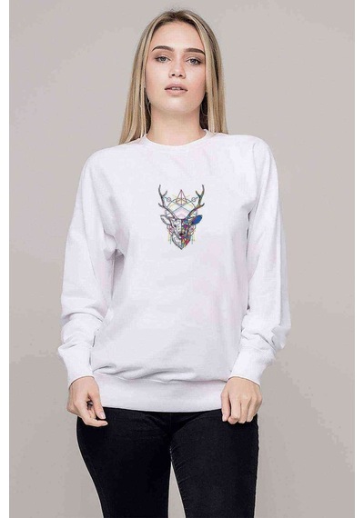 Triangles Deer Geyik Baskılı Beyaz Kadın Sweatshirt