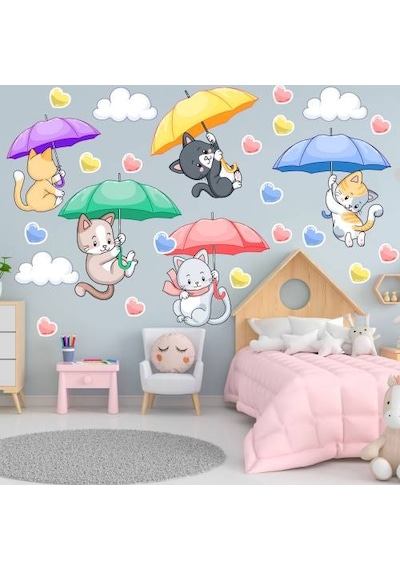 Şemsiye ile Uçan Sevimli Kediler ve Kalpler Duvar Sticker