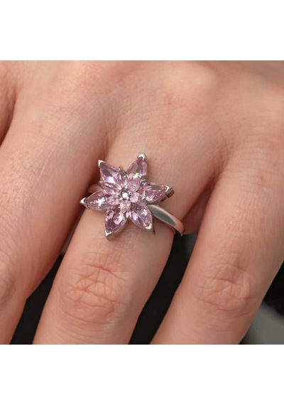 925 Ayar Gümüş Ayarlanabilir Pembe Lotus Çiçeği Kadın Yüzük Renkli