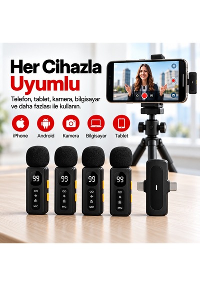 J88 4'lü Kablosuz Yaka Mikrofonu Aı Gürültü Önleyici Lightning Type-c Uyumlu Vlog Röportaj Canlı Yayın Mikrofonu 4 Mikrofon + 1 Alıcı