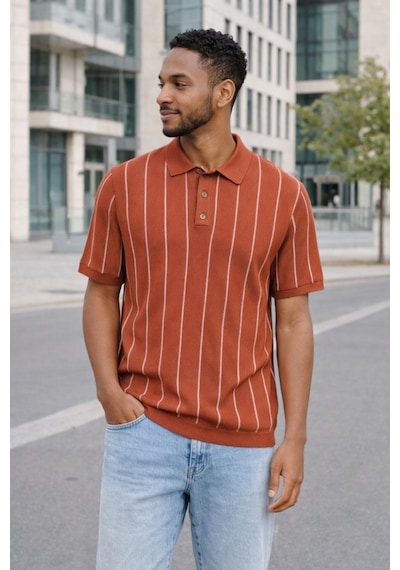 Only & Sons Erkek Çizgili Gömlek Yaka Turuncu T-shirt - 22037080 Turuncu