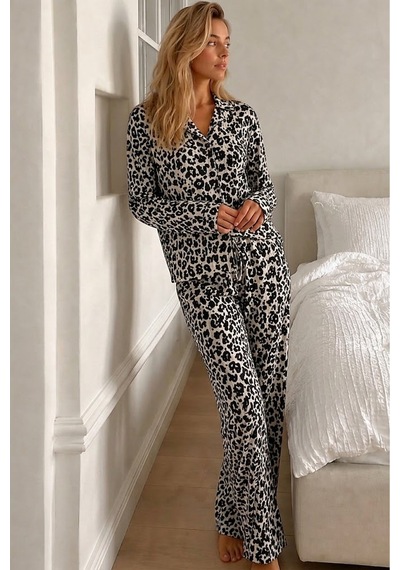 Fit Women Kadın Desenli Düğmeli Uzun Kollu Leopar Pijama Takımı