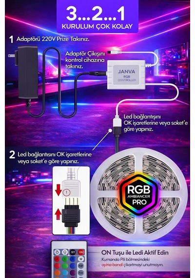 Şerit Led 5 Mt 300 Led Kumandalı 16 Renkli Silikon Yapışkanlı Adaptörlü Iç Ve Dış Mekan Aydınlatma Çok Renkli