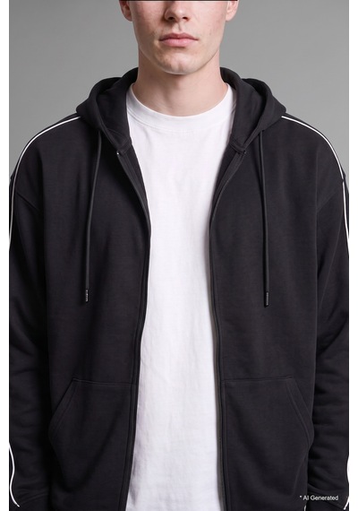 Defacto Boxy Fit Şerit Detaylı Kapüşonlu Fermuarlı Basic Sweatshirt Hırka H4428ax26aubk81 Siyah-bk81
