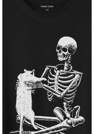 İskelet Ölünceye Kadar Kedi Seveceğim Skeleton Cat Love Baskılı Tişört Unisex T-shirt 001
