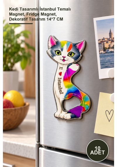 10 Adet Buzdolabı Süsü Kedi Tasarımlı İstanbul Temalı Magnet, Fridge Magnet, Dekoratif Tasarım 14 7 Cm