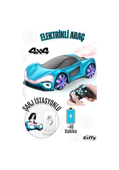 Oyuncak Uzaktan Kumandalı Şarjlı Elektrikli Araba 4x4 Şarj İstasyonlu Led Işıklı Sesli Müzikli Rc Mavi