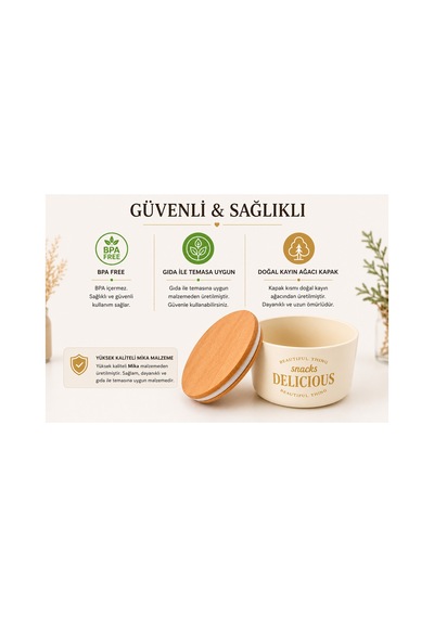 3 Lü Kapaklı Retro Dizayn Saklama Kabı Seti, Bambu Kapaklı, Mika Erzak Saklama Kabı, Bpa, Silikon Contalı Saklama Kutusu Krem