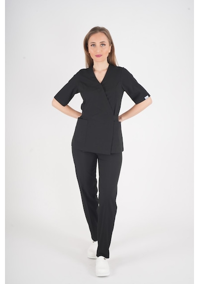 Siyah Elegant Model Cerrahi Üniforma Belden Bağlamalı Scrubs Takım Siyah
