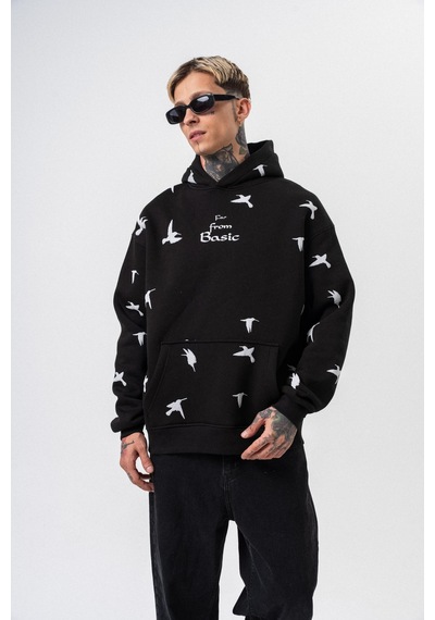 Respire Erkek Far From Basic Baskılı Kapüşonlu Oversize Hoodie Siyah