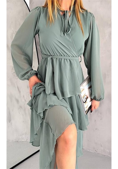 Dip Moda Kadın Astarlı Eteği Kat Kat Şifon Elbise Dpk2041 Mint