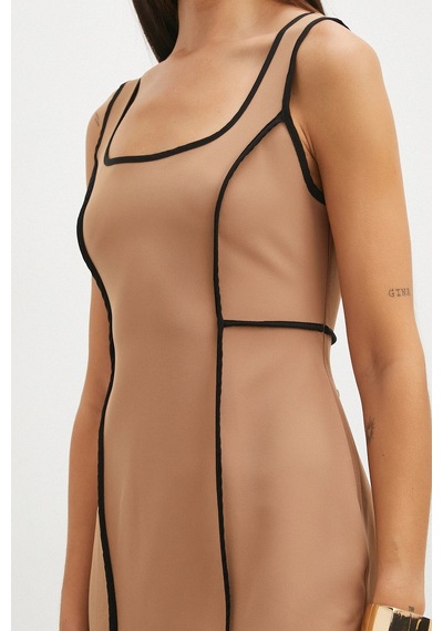 Şeritli Yırtmaç Detaylı Slip Dress Tarçın