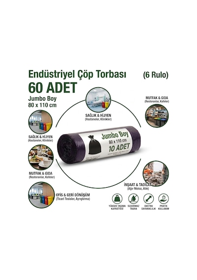 Jumbo Boy Endüstriyel Çöp Poşeti Torbası 80 x 110 CM 6 Rulo 60 Adet 400 G Ağır Hizmet Tipi Kalın Torba