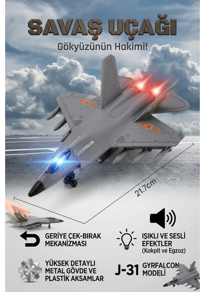 J-31 Gyrfalcon Işıklı Sesli Metal Savaş Uçağı - Geriye Çek Bırak Model Oyuncak Uçak 22 Cm