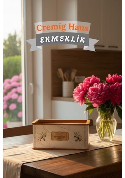Geleneksel Tasarım Kapaklı Büyük Ekmeklik Dikdörtgen Ahşap Ekmek Sepeti Mermer Desenli Çok Renkli