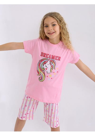 Kız Çocuk Kısa Kollu Kapri %100 Pamuklu Pijama Takımı Dreamer Girl Koyu Pembe