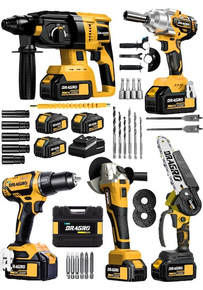 Dragro Alman DRG-5ST Kömürsüz 5 x 3 S 5'li Set Kırıcı Delici + Somun Sıkma + Taşlama Makinesi + Matkap + Dal Budama + 3 Akülü S