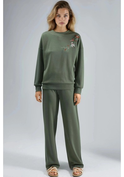 Fiolin Nakışlı Bisiklet Yaka Sweatshirt Ve Düz Paça Pantolon İkili Takım haki