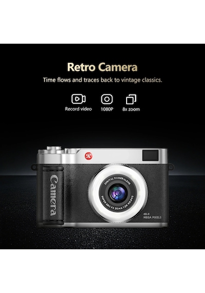 4k Çantalı Dijital Retro Video Kamera 48mp 16x Zoom Işıklı 32gb Kart Dijital Fotoğraf Makinesi Siyah