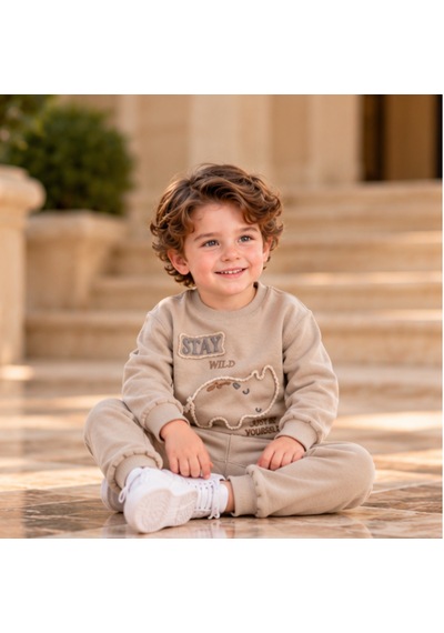 Maxx Kelın Erkek Bebek 2'li Takım Bej Dinozor Baskılı Sweatshirt Ve Pantolon 6-12-18-24 Ay