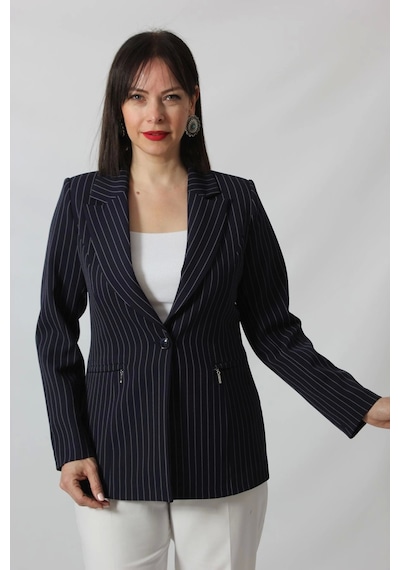 Moda Berray 1906 Lacivert Çizgili Fermuarlı Cep Aksesuarlı Kadın Büyük Beden Blazer Ceket Lacivert Moda Berray 1906 Lacivert Çizgili Fermuarlı Cep Aksesuarlı Kadın Büyük Beden Blazer Ceket Lacivert