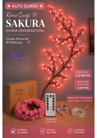 Kiraz Çiçeği Sakura Led Duvar Dekoru 144 Led Ağaç Dalı Işık, 8 Mod, Kumandalı Pembe