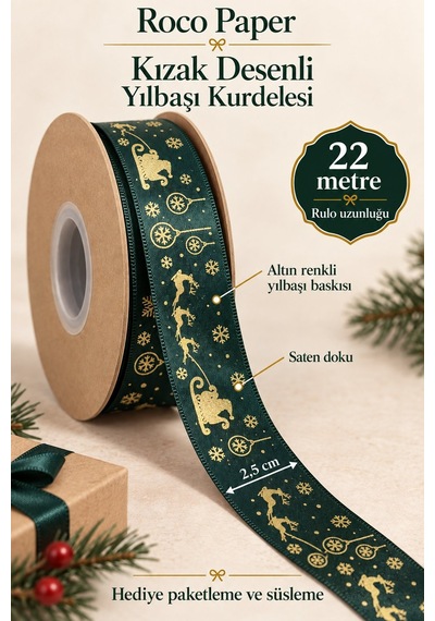 Yılbaşı Geyik Desenli Yeşil Kurdele, 22 Metre-2.5 Cm, Saten Hediy Diğer